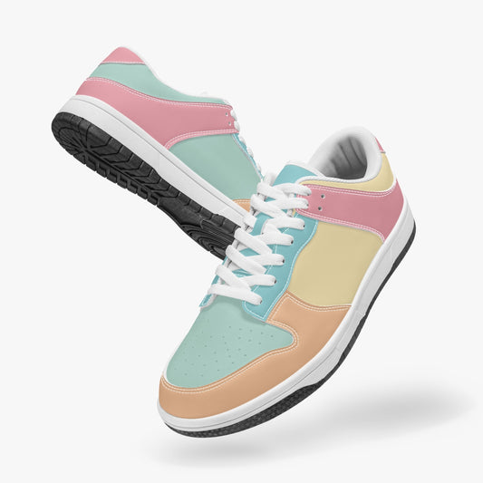 Unique retro color inspired low top leather sneakers. Crafted with premium leather, these sneakers feature a vibrant light pastel pink, orange, yellow and blue color palette for a playful look. Versatile and durable. Shop now for a bold fashion statement!