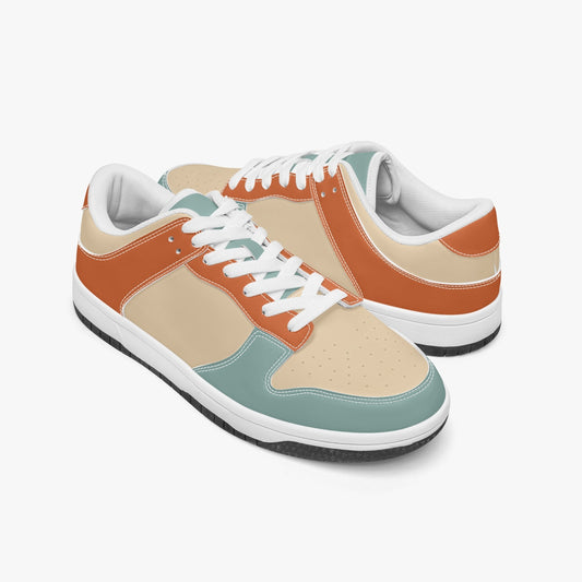 Unique retro color inspired low top leather sneakers. Crafted with premium leather, these sneakers feature a vibrant retro color pallette for a playful look. Verstile and durable. Shop now for a bold fashion statement!