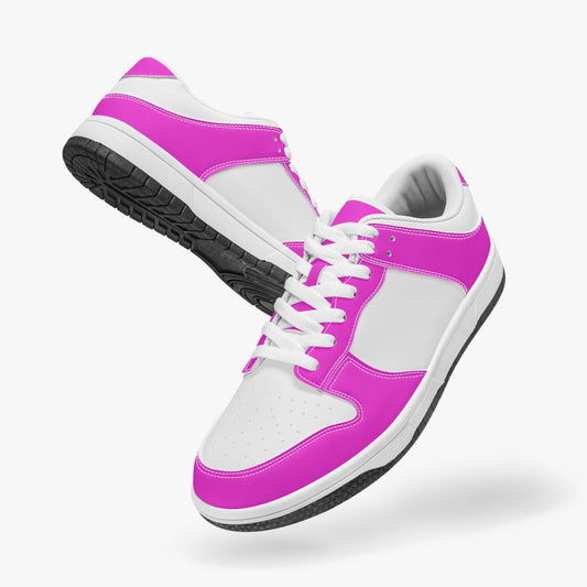 Unique neon color low top leather sneakers. Crafted with premium leather, these sneakers feature neon pink color ways for a playful look. Versatile and durable. Shop now for a bold fashion statement!