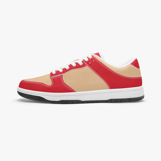 Unique retro color inspired low top leather sneakers. Crafted with premium leather, these sneakers feature red and cream color ways for a playful look. Versatile and durable. Shop now for a bold fashion statement!