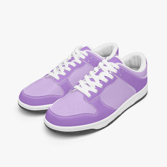 Unique purple and light purple low top leather sneakers. Crafted with premium leather, these sneakers feature a vibrant purple color palette for a playful look. Versatile and durable. Shop now for a bold fashion statement!